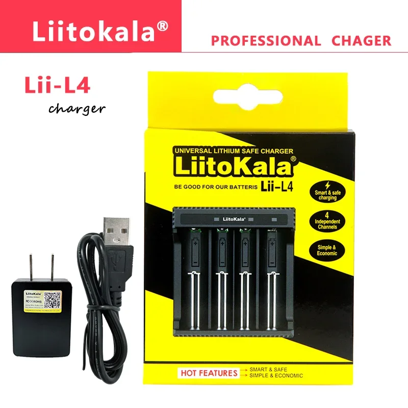 LiitoKala-Carregador de Bateria Recarregável, Lii-L16340, Lii-L4, 4-Slot, 3.7V, 16340, CR123A, CR17335 Baterias