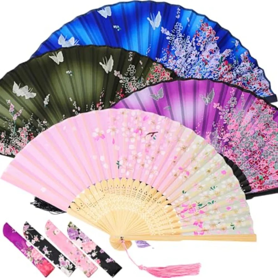 

4 Pack Handheld Floral Folding Fans Hand Held Silk Bamboo Fans with Tassel Women Hollowed Hand Foldable Fan with Fabric Sleeve