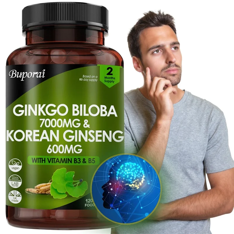 Ginkgo  Biloba and Korean Ginseng - Supports Memory and Brain Function, Boosts Energy, Improves Cognition, and Sharpens Thinking