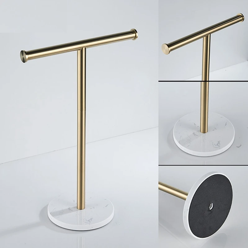 T-Shape Hand Towel Stand With Marble Base For Bathroom Countertop Tissue Rack Holder As Shown Marble + Stainless Steel 1 PCS