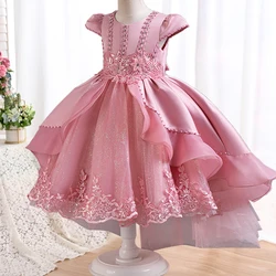 Hot selling girl's new embroidered party dress suitable for wedding lace 4-12 year old supporting tail sequin sheer party dress