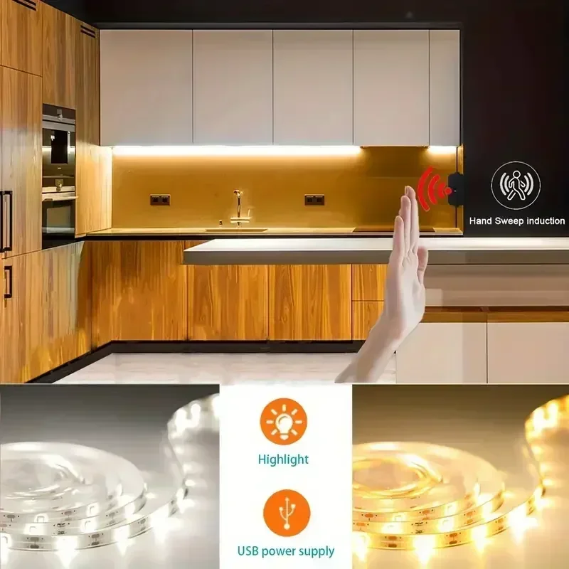 5v usb led luz de tira toque/varrer mão sensor movimento dimmer 2835 fita led tv backlight cozinha sob armário espelho iluminação