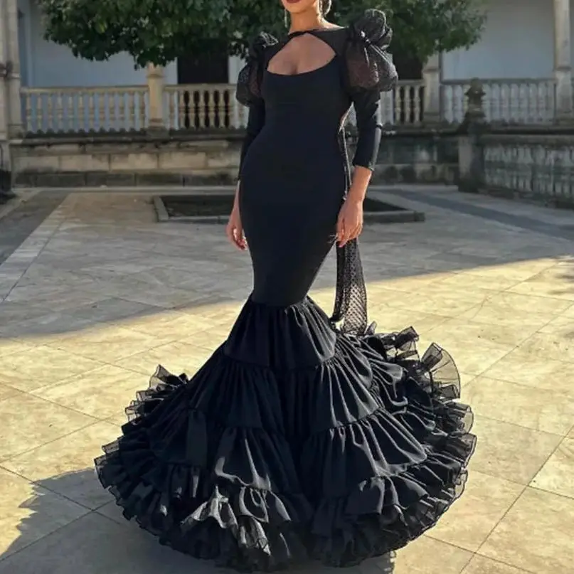 

Polka Dot Bow Sexy Backless Long Dance EveninGown Spanish Black Flamenco Prom Gowns Ruffles Sleeves Transparent Custom Made 2025