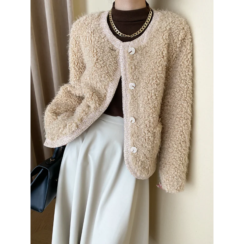 French High-quality Fur Coat Women's  Small Fragrance O Neck Loose Casual Pink White Khaki Fake Fur Stitching Tweed Coat Female