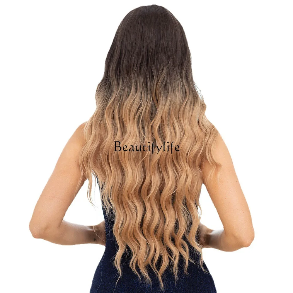 Wig, air bangs gradual change gold big waves long curly full head