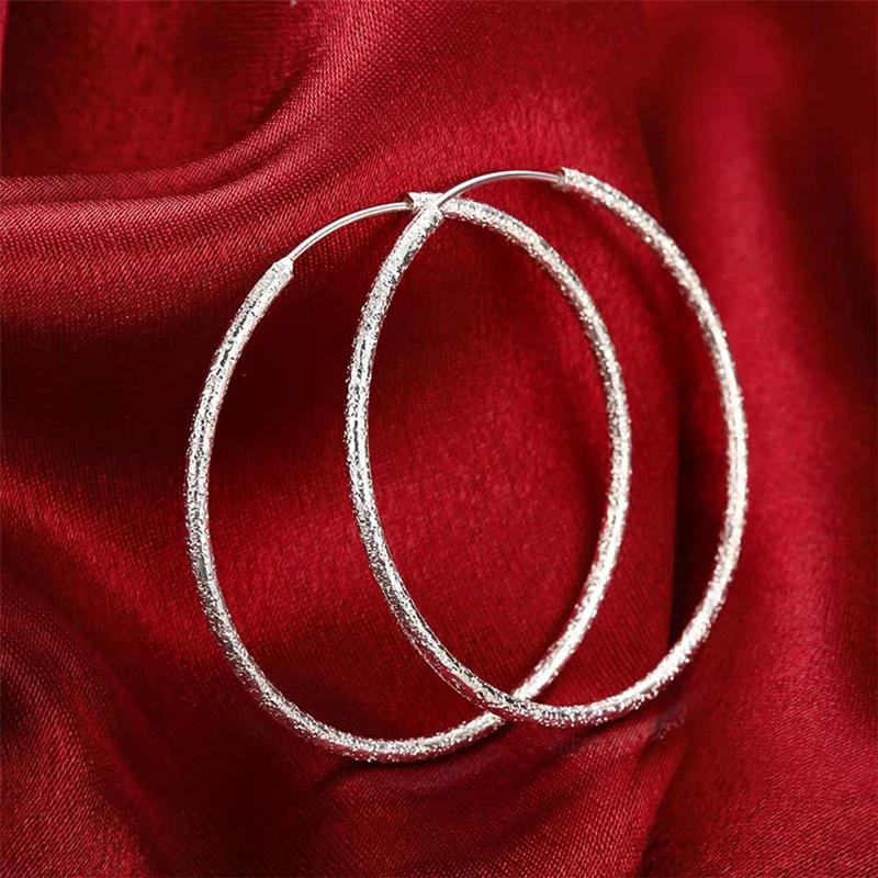 

2025 New 925 Sterling Silver Scrub Matte Round Circle 35/50MM Big Hoop Earrings For Women European Fashion Jewelry Gift Hot Sale