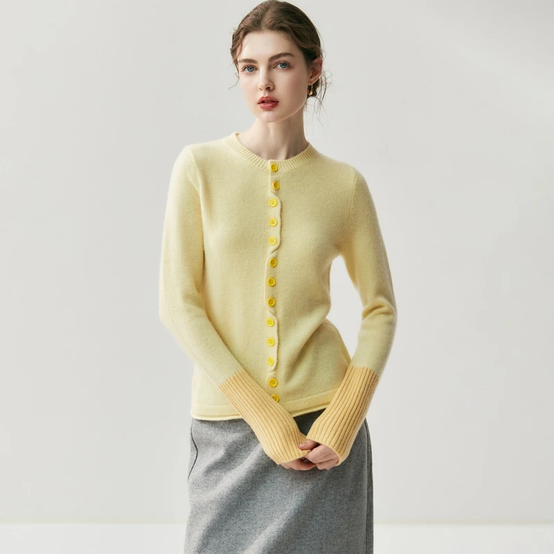 시크 여성 100% 캐시미어 가디건 컬러 프레피 스타일 블로킹 슬리브 캐시미어 스웨터 가을 겨울 기본 소프트 가디건 코트