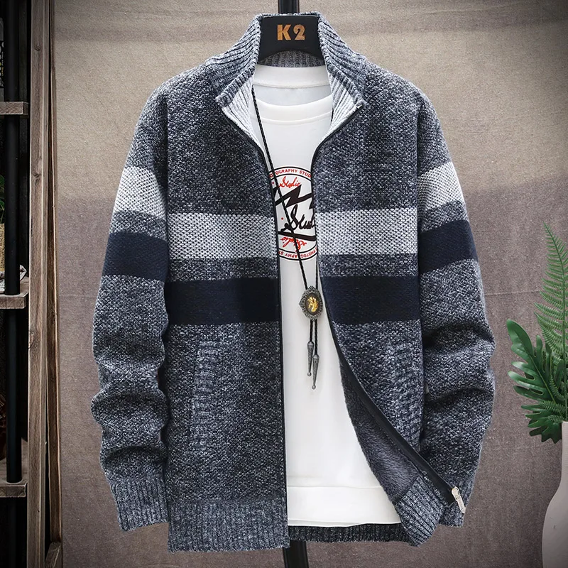 Men\'s Winter Sweater Thick Fleece Warm Korean Popular Clothes Casual Stand Collar Zipper Cardigan Fashion Striped Coat