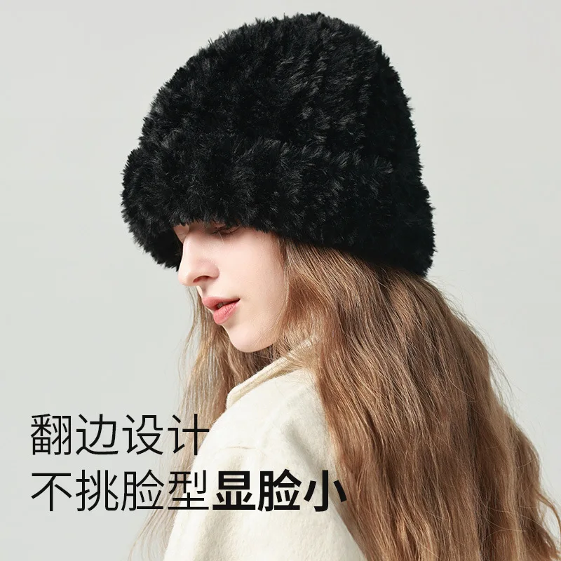 Women's Plush Big Head Wool Hat Winter Versatile Knitted Face Showing Small Outdoor Shopping Warm White Baotou Hat New Year Gift