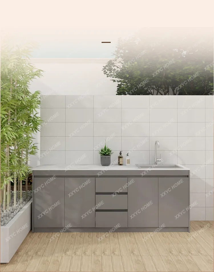 

AA Outdoor Aluminum Alloy Console Sink Basin Integrated Cabinet Outdoor Villa Garden Waterproof Sunscreen Sink Locker