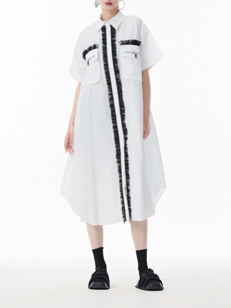 Yermora feminino branco emendado malha babados botão vestido casual lapela manga curta solta fashoin maré primavera verão 2025 novo