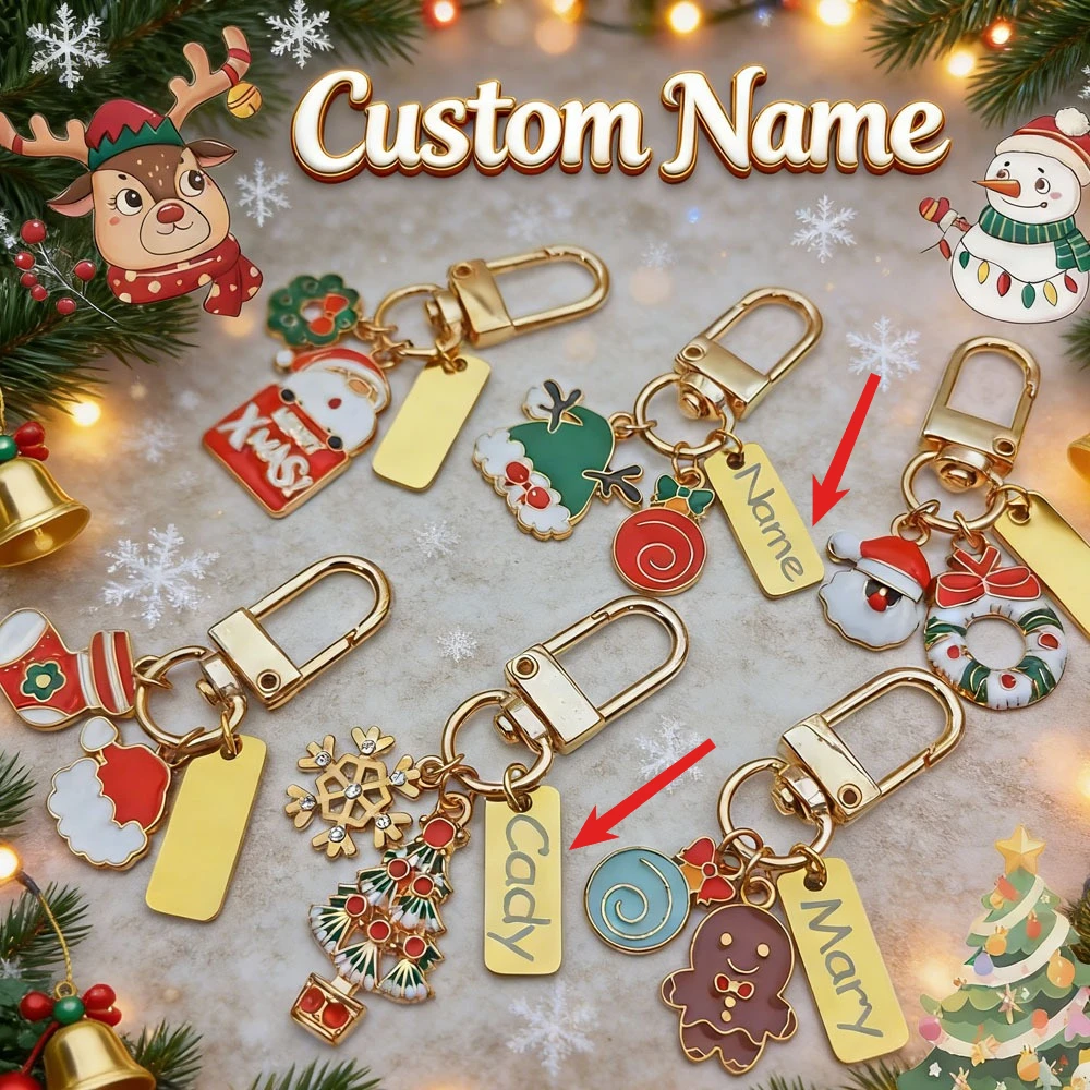 Custom Cute Snowman Elk Santa Clause Keyring Bags Decor Pendant Key Chain Ring Festival New Year Party Christmas Keychain Gift