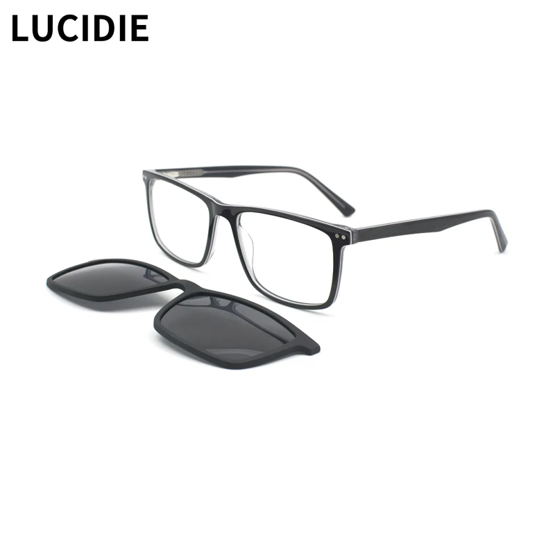 

LUCIDIE Square Magnetic Clip On 2 In 1 Prescription Glasses Men Vintage Myopia Optical Sunglasses Frame Fashion Eyewear 9102