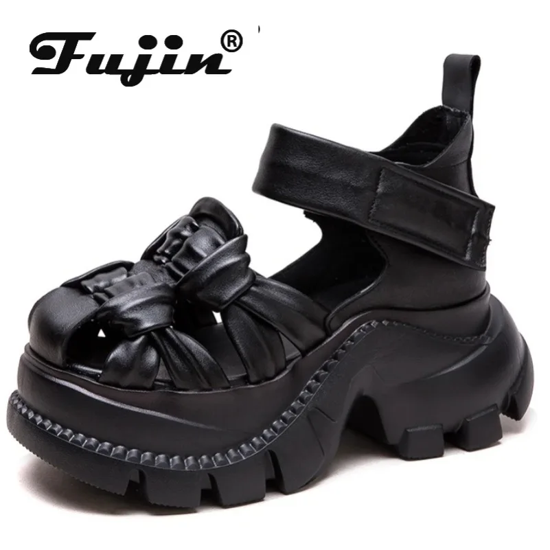 

Fujin 7cm Wedge Platform Sandals Fashion Pumps Mary Jane Slipper Shoes Cow Weave Genuine Leather Hook Women Flats Summer