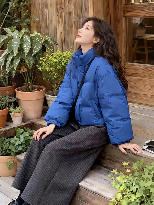 

Blue Short Puffer Jacket Women's Korean Style Bread Coat Stand Collar Thickened Cotton Clothes Winter Outerwear for Young Women