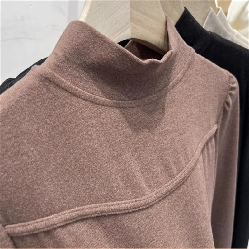 منتفخ كم التي شيرت المرأة تي شيرت نصف الرقبة العالية كم طويل تي شيرت طبقات عادية قاع أعلى الخريف الشتاء باست تيز