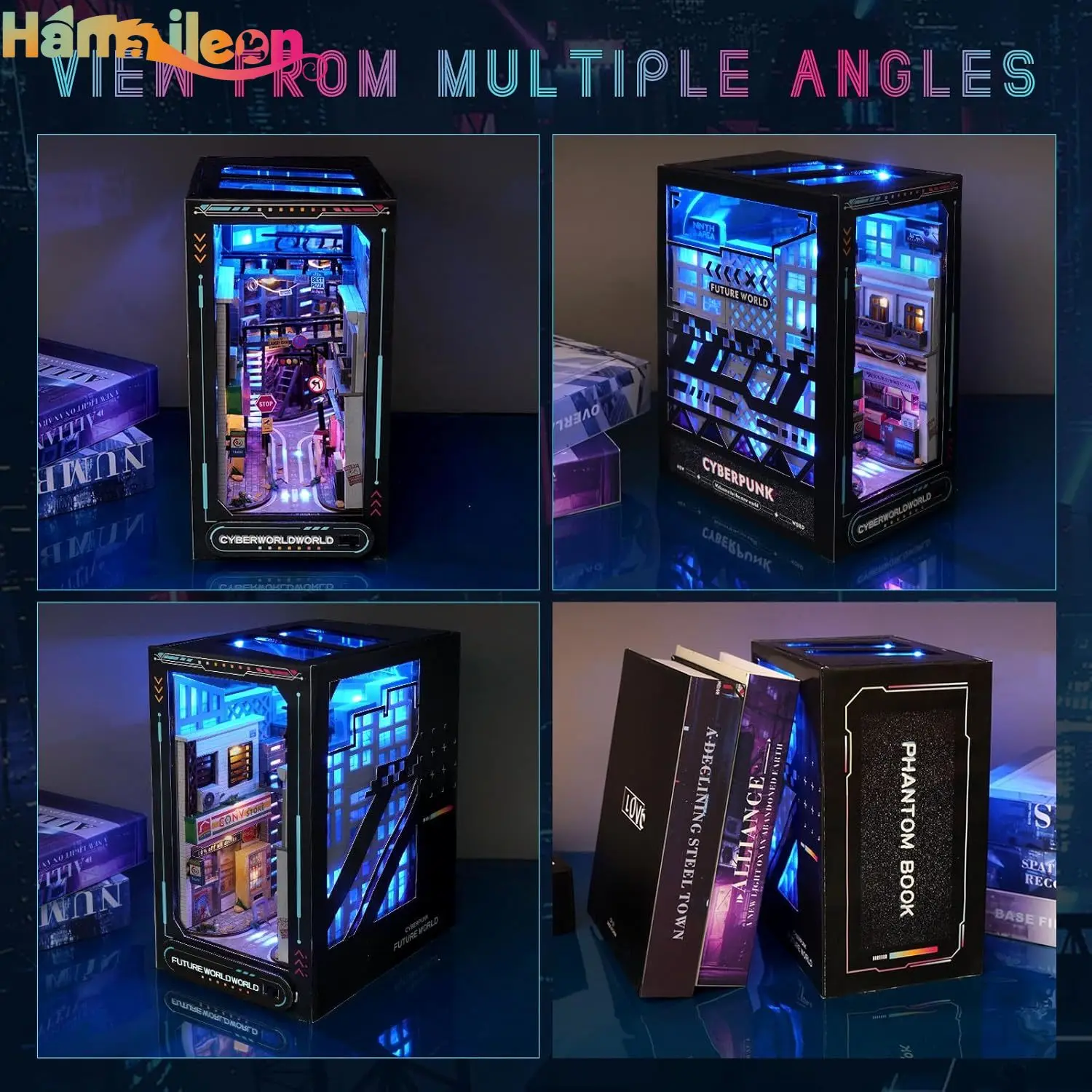 Hamaileon DIY rompecabezas de madera 3D Kit de rincón de libros, modelo de sujetalibros decorativo de inserción de estantería con luces LED (Cyberpunk)