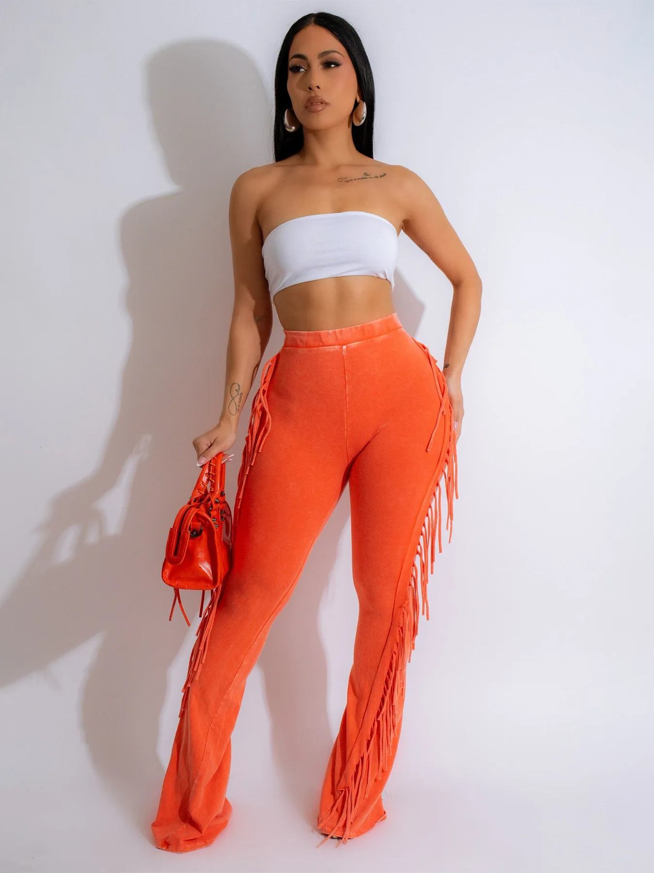 Women\'S Trousers Autumn Winter Casual Cotton Wash Fringe Stretch Tight Flared Pants Lady Streetwear Sexy Tassel Flared Trousers