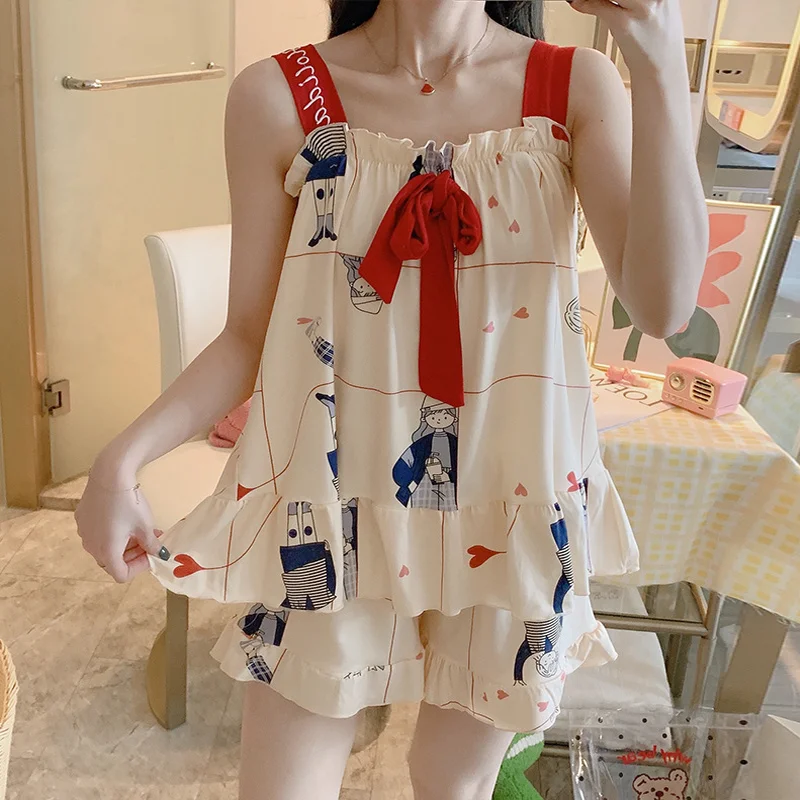Summer New Ladies Pajamas Homewear Suit Korean Version of the Sling Pajamas Female Cartoon Students Teenage Girls Homewear