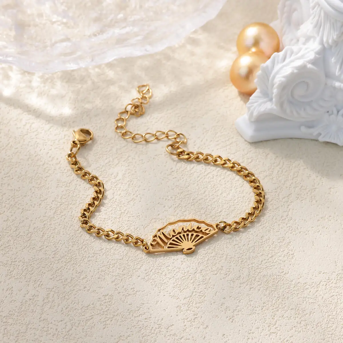 

Stainless Steel Name Bracelet For Women Charm New Chinese Style Design With Fan Pattern Customized Letter Bracelets Jewelry Gift