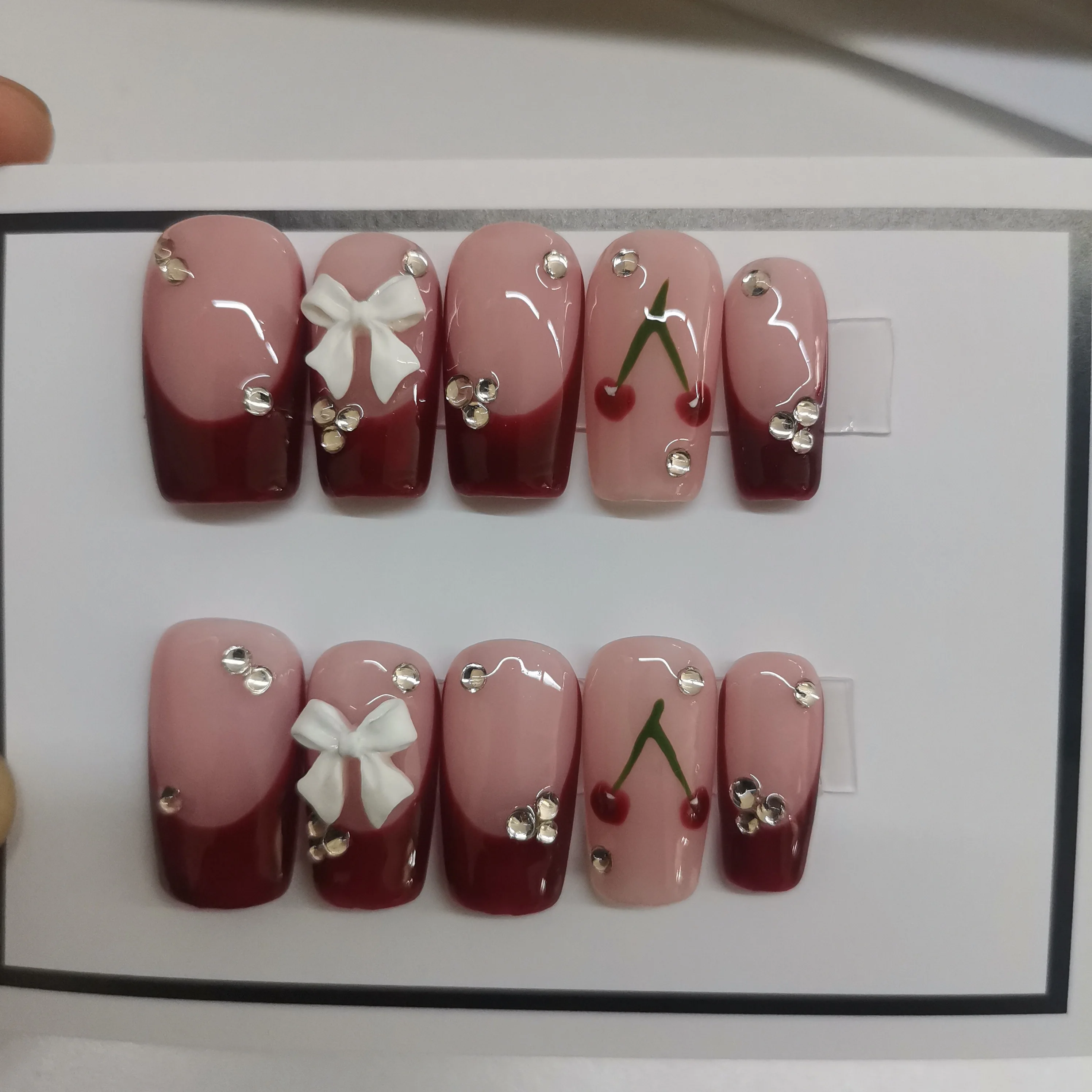 High Quality Handmade Press on Nails Thickness Cute Luxury Styles 10 Designs Red Cherry Medium Square Acrylic Nails