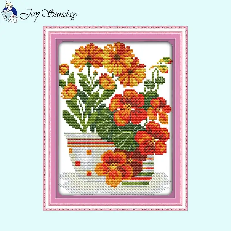 Serie di fiori in vaso Kit punto croce con motivo floreale fai da te 14ct 16ct 11ct Tessuto di tela stampato bianco Ricamo a mano