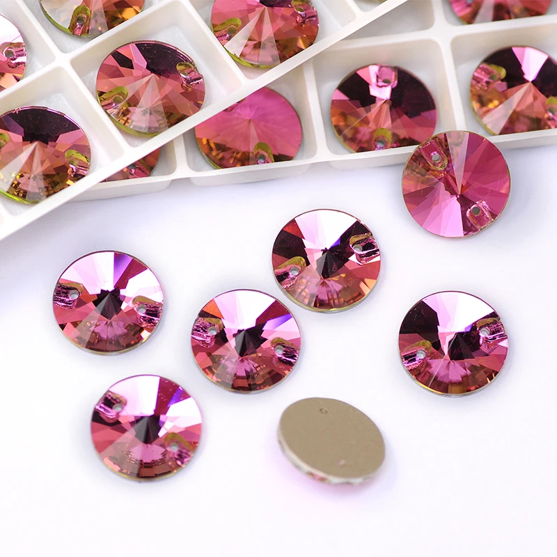 YANRUO 3200 All Sizes Rose Glitter Diamond With 2 Holes Flatback Rivoli Sew On Strass Crystal Rhinestone For Dress