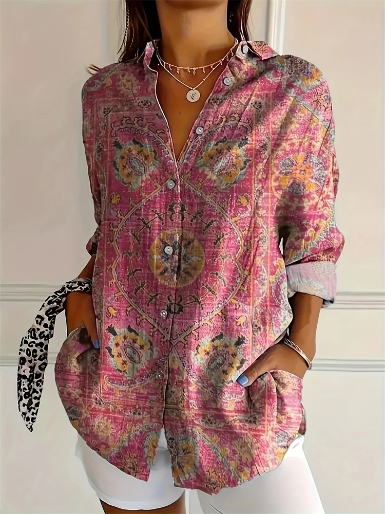 2025年秋新作 スリム レディース ボタンシャツ カジュアル カシュー フラワー プリントシャツ デイリー カジュアル 大きいサイズ ラペルシャツ