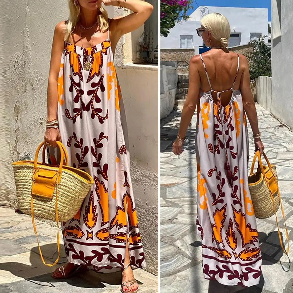 

Casual Dress Elegant V Neck Backless Maxi Dress for Summer Beach Vacation Sleeveless Colorful Print Ankle Length for Hot