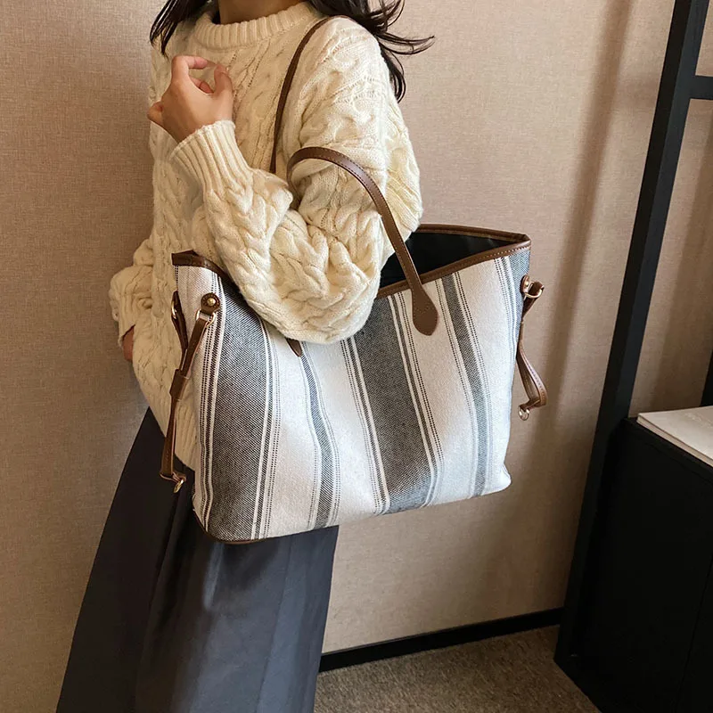 Canvas Striped Tote Large Handbags and Purses Women ShoulderBags 2023 New Designer Work Ladies Shopping Bag High Quality