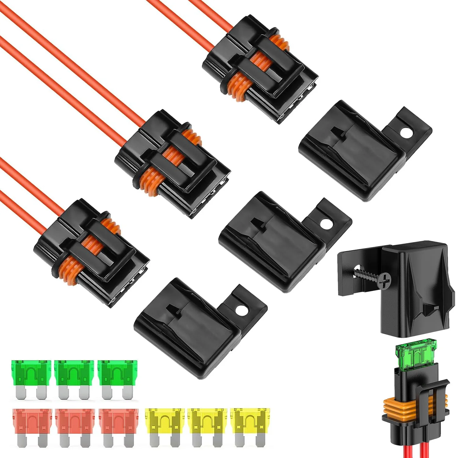 Kit com 3 Suportes de Fusível Inline 14 AWG 12V ATC/ATO com Fusíveis Inline de 20 Amp, 30 Amp e 40 Amp para Veículos