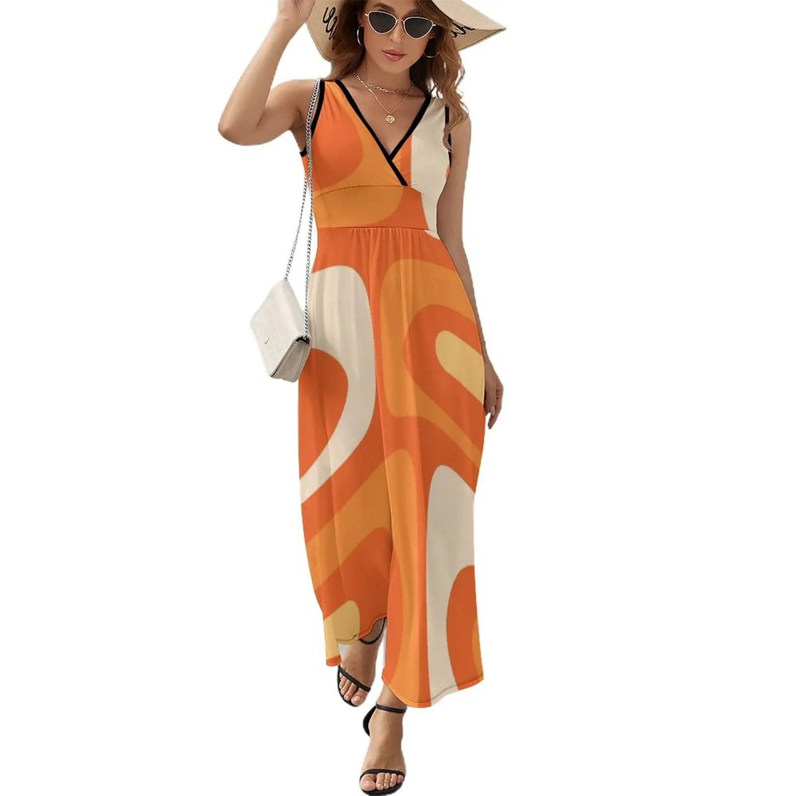 

Mid Century Modern Piquet Abstract Pattern in Orange Tangerine Yellow Cream Sleeveless Dress birthday dresses for women