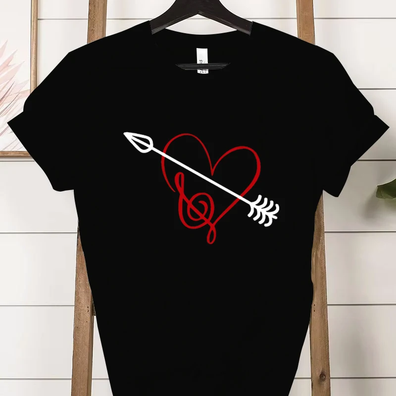 Women T-shirt Musical Note Arrow Heart Funny Tshirt Music Lover Aesthetic Tops Tees Short Sleeve Fashion Streetwear Music Tshirt