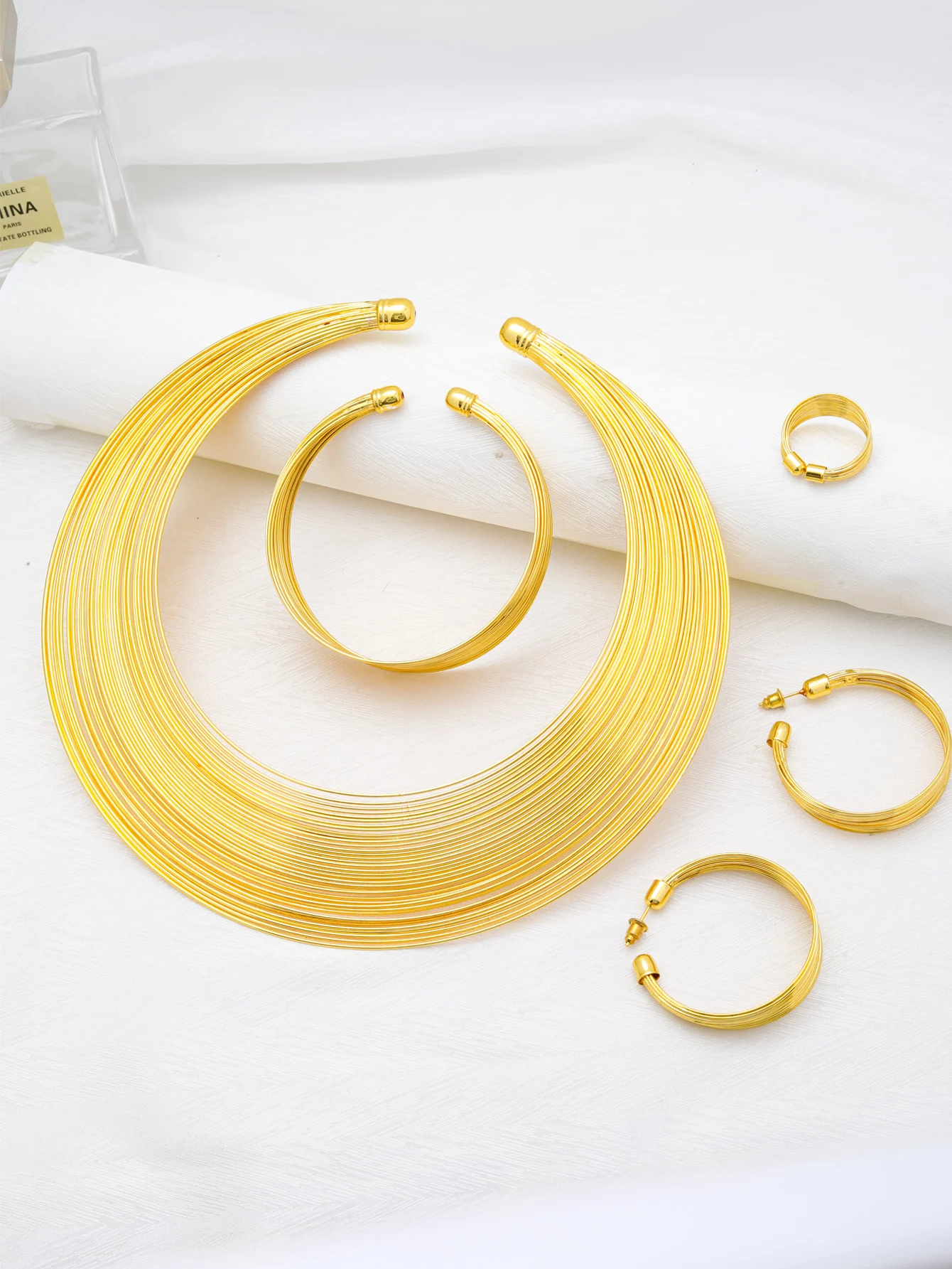 Dubai 24k Gold Plated Jewelry Sets for Woman Golden Thread Necklace Earrings Ring Bracelet Bridal Wedding Party Jewellery Set