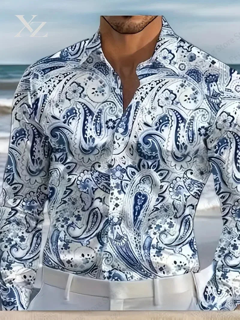 Mens Long Sleeve Hawaiian Shirt Elegant Floral Paisley Pattern Print Shirt Men Women Fashion Casual Lapel Shirts Beach Blouse