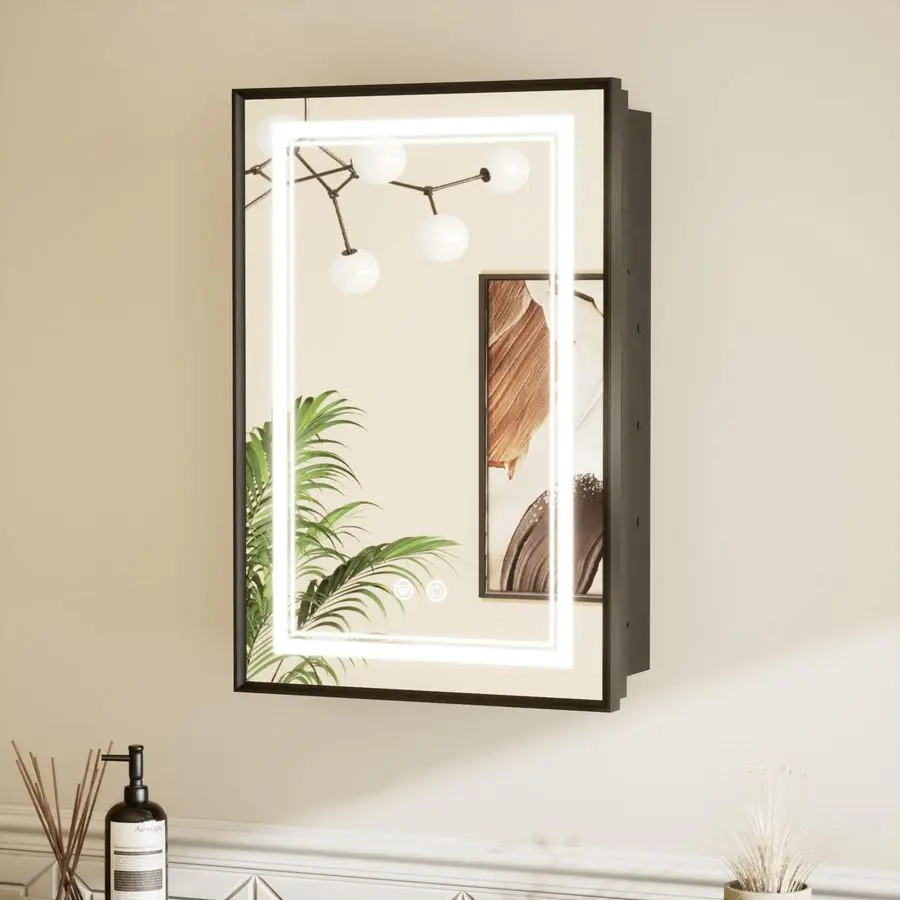 Black Lighted Medicine Cabinet with Tempered Glass Mirror 16 x 24 Black Metal Led Recessed Medicine Cabinet for Bathroom with Li