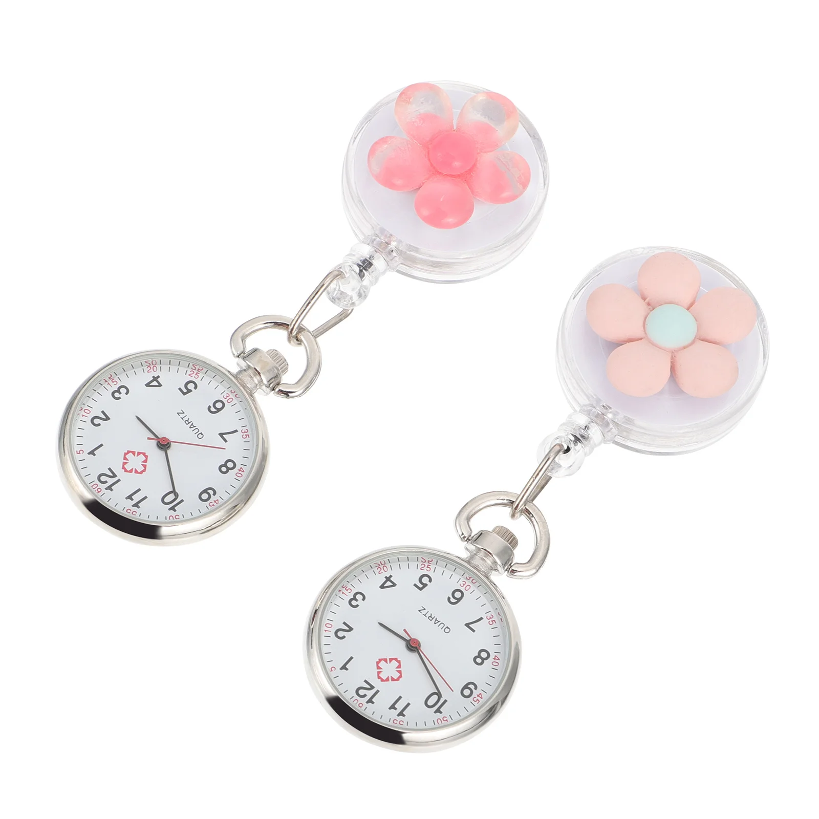 2pcs Flower Pattern Pocket For Nurses Clip-On Nurse Watch Retractable Quartz Movement Portable Fob Watch For Doctors Women