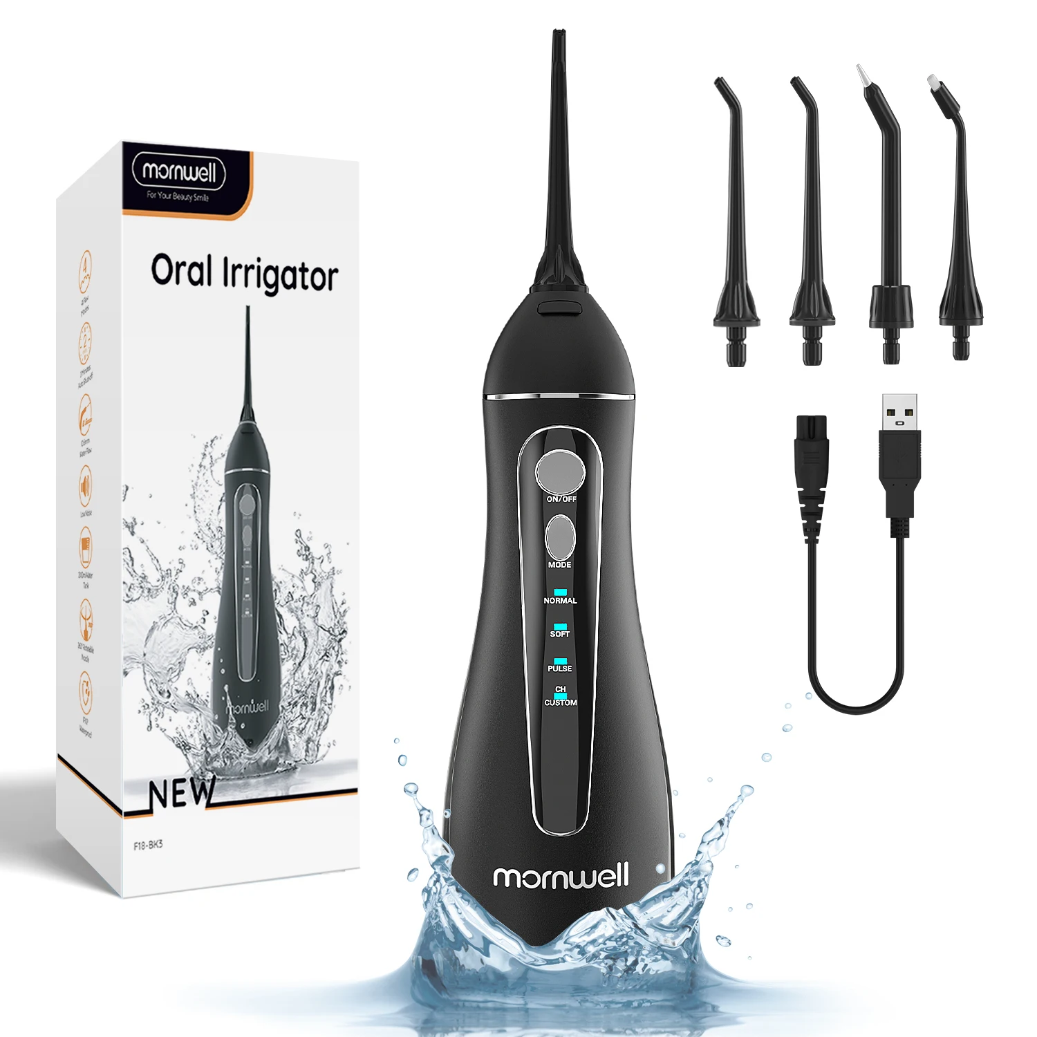 Water Flosser Mornwell F18 USB Rechargeable Oral Irrigator Dental Water Jet Portable With 4 Nozzles 200ml Water Tank Waterproof