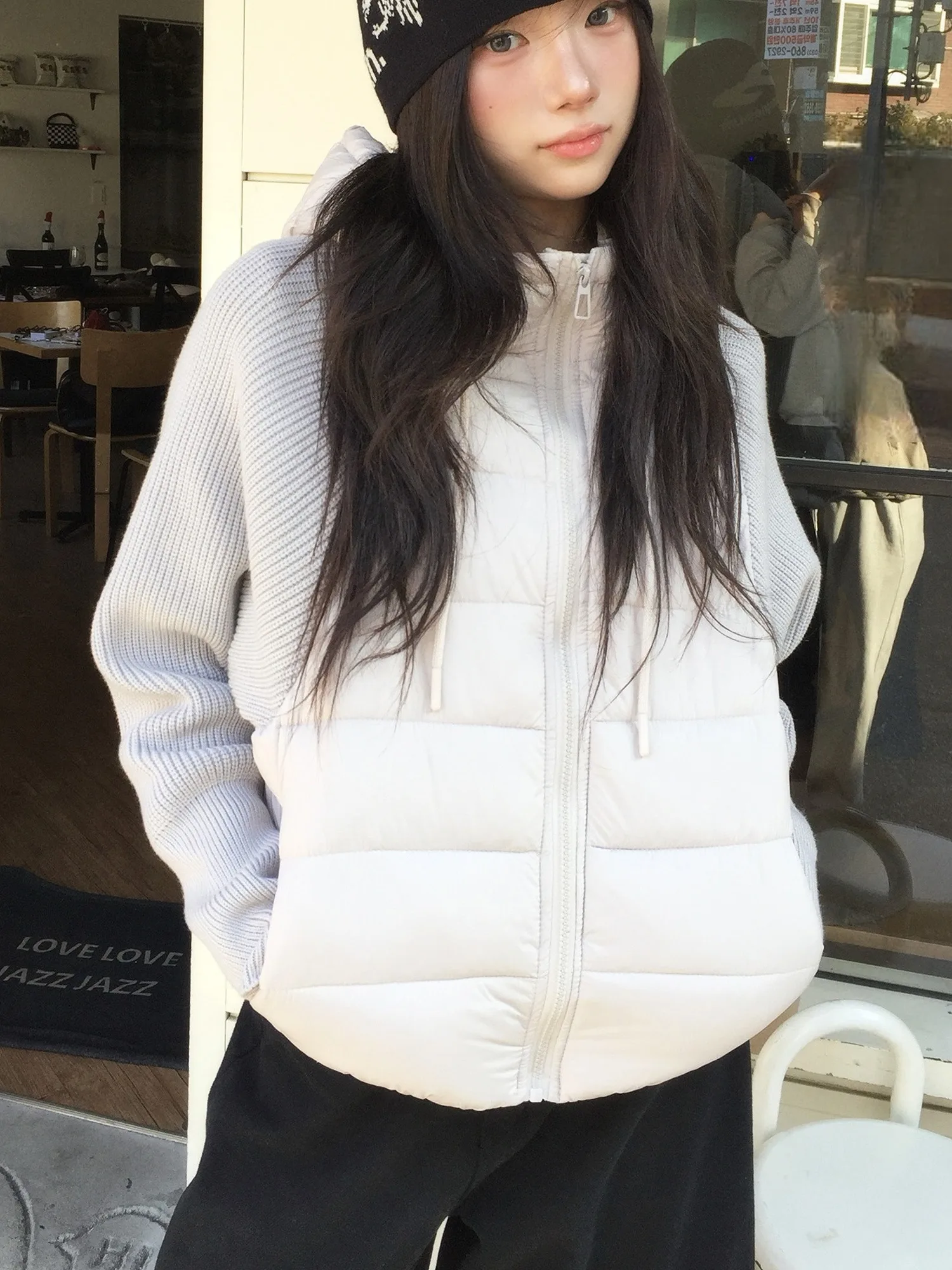 Koreańska dzianinowa kurtka z kapturem, patchworkowa, bawełniana, damska, zimowa, luźna, imitacja dwuczęściowej, ciepła kurtka z bawełny ort.