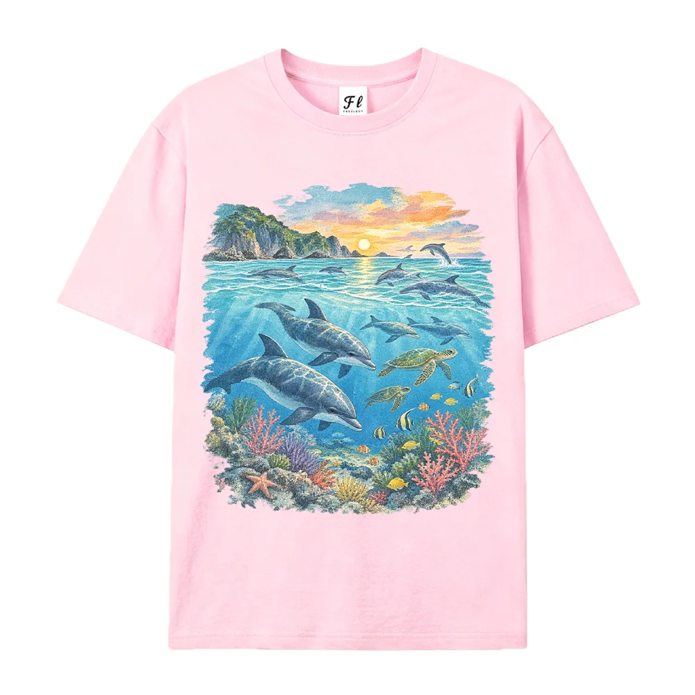 Women T-Shirt Vintage Dolphin Sea Turtle Print Aesthetic 90s Ocean Sunset Graphic Tee Summer Beach Casual Short Sleeve White Top