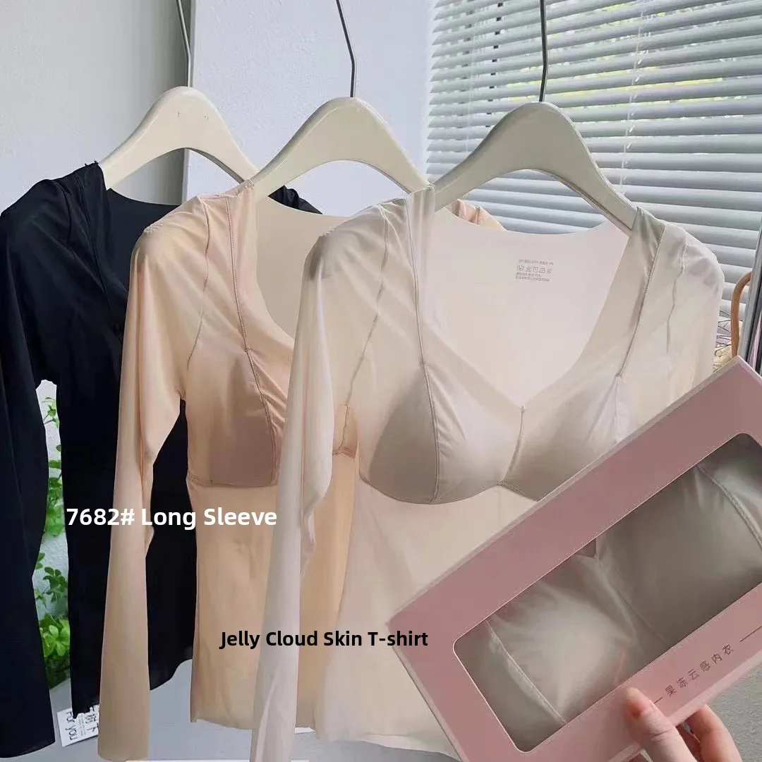 World Veve Women's Ultra-Thin V-Neck Skin-Tight Thermal Top Comfortable Seamless Base Layer Shirt with Chest Pad Fall Winter