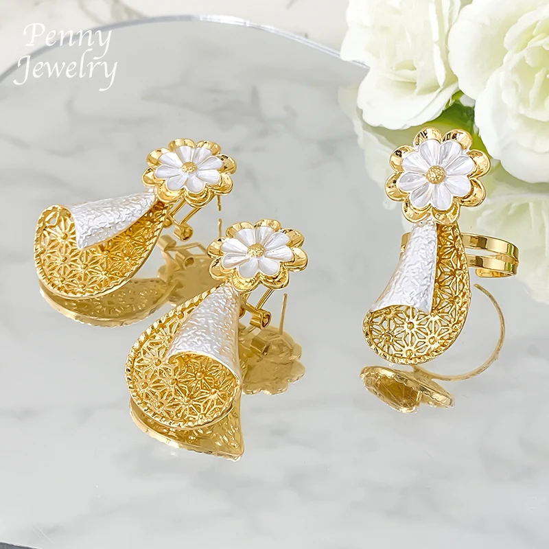 Collar con textura de lujo de gran tamaño, pendientes, pulsera, anillo, gargantilla, conjunto de joyería dorada de dos tonos, regalos para fiesta de boda nupcial