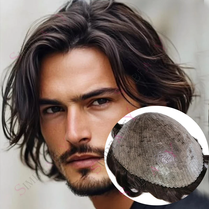 

Мужской парик-накладка из натуральных человеческих волос, 30 мм, волнистый, коричневый, с естественной линией роста волос, прочный, на микрооснове из ПУ 0,1 мм, для замещения волос, протез для волос