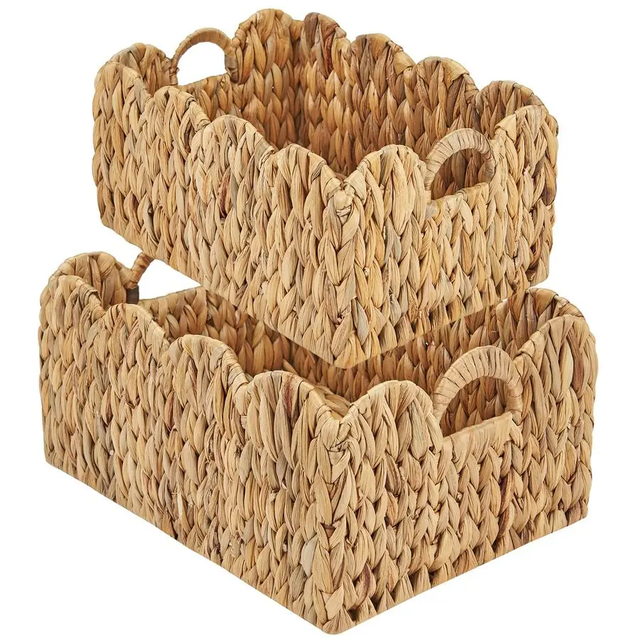 

Wicker Basket 2Pack, Handwoven Scalloped Wicker Storage Basket with Handles, Natural Water Hyacinth Woven Bakests for Storage, L