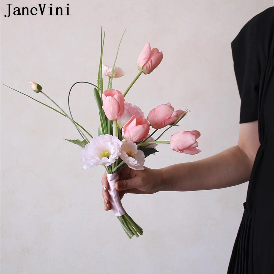 JaneVini Pink Tulips Artificial Flowers Bride Bouquet Small Size Bridesmaids Wedding Bouquet Photography Bridal Hand Flower Silk