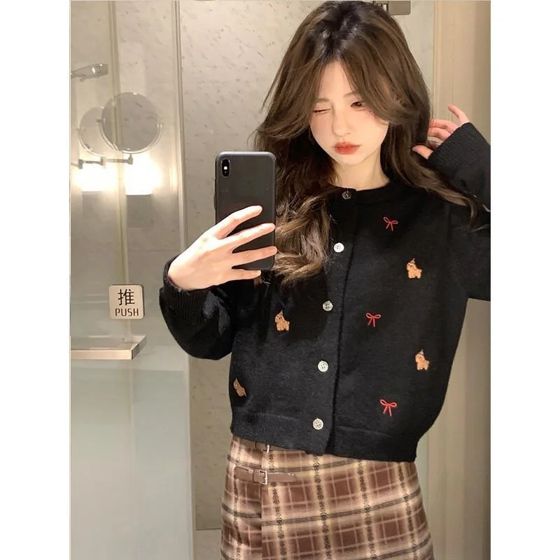 

Knitted Cardigan Women Hot Style Fashion Sweet Long Sleeve Bow Design Slim Fit Short Tops Jacket Autumn 2025 New Cute Kawaii
