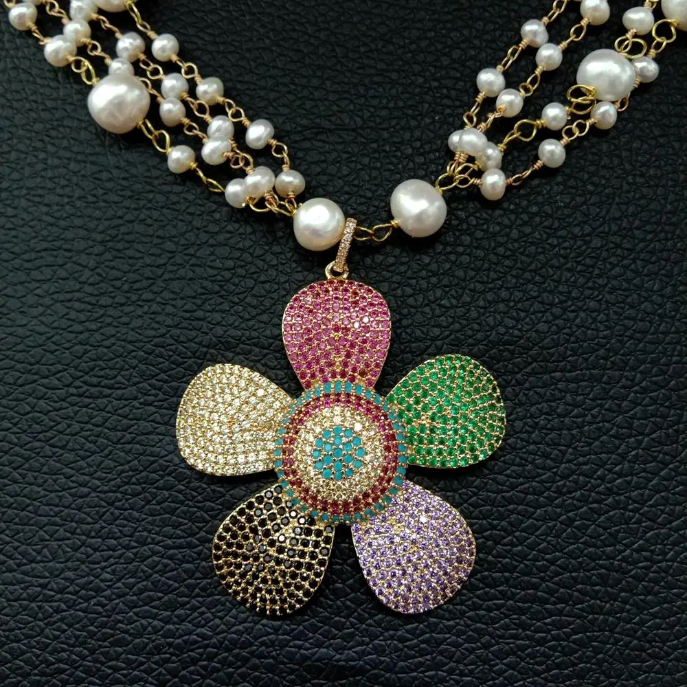 24'' 4 Rows round White freshwater Pearl  Necklace CZ Pave Flower Pendant