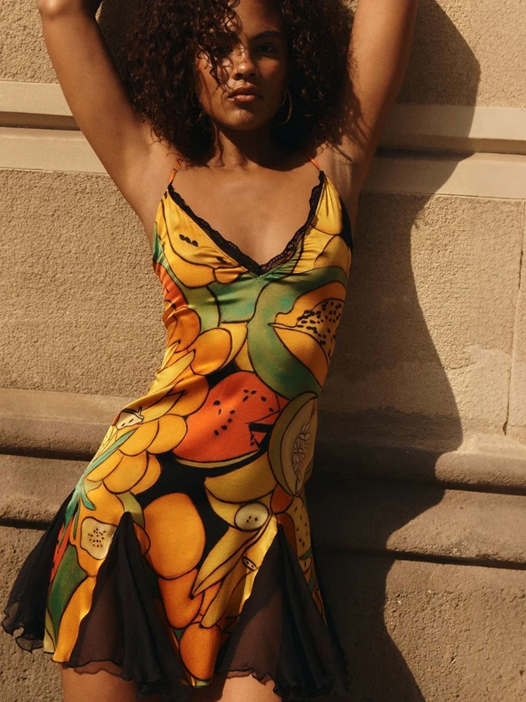 

Kliou Mesh Patchwork Sling Dress Woman Summer Trend Colorful Print Low-Neck Backless Sleeveless Holiday Beach Party Mini Bodycon