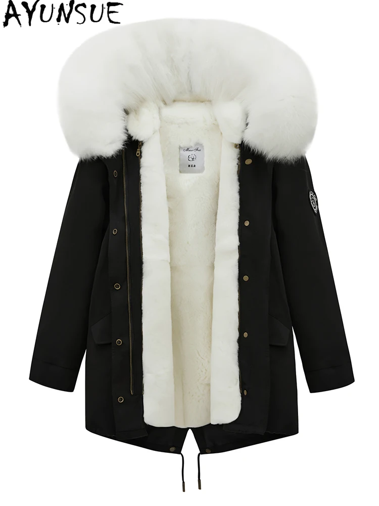 AYUNSUE Parka de piel de conejo Rex para mujer, ropa de calle 20225, abrigos de piel auténtica de longitud media para mujer, ropa, abrigo cálido de invierno con Cuello de piel de zorro