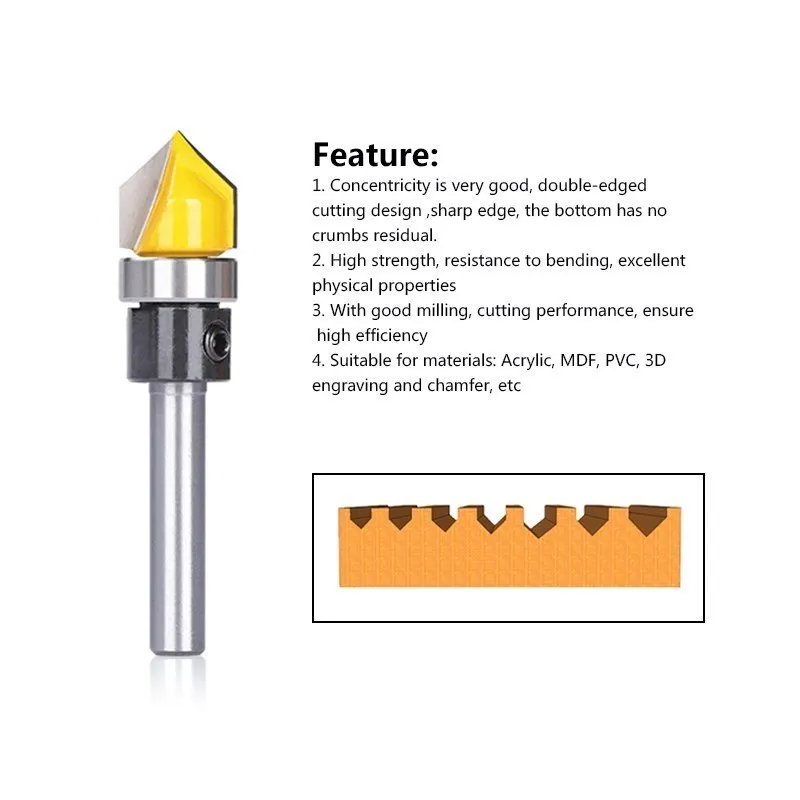 XCAN  Wood Milling Cutter 6mm 1/4'' Shank V Groove Bit With Bearing Guided for Woodworking Milling Tools Carbide Router Bit